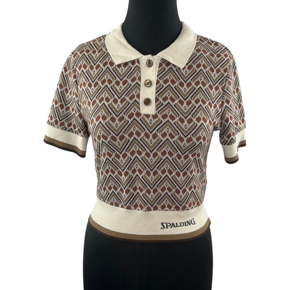 ZARA SPALDING Beige Brown Polo Shirt Cropped Leaf Printed Collared Size Medium M